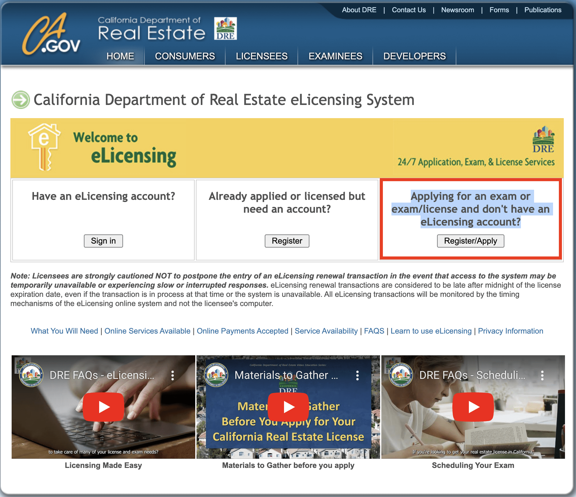 California Department of Real Estate eLicensing System Welcome Page